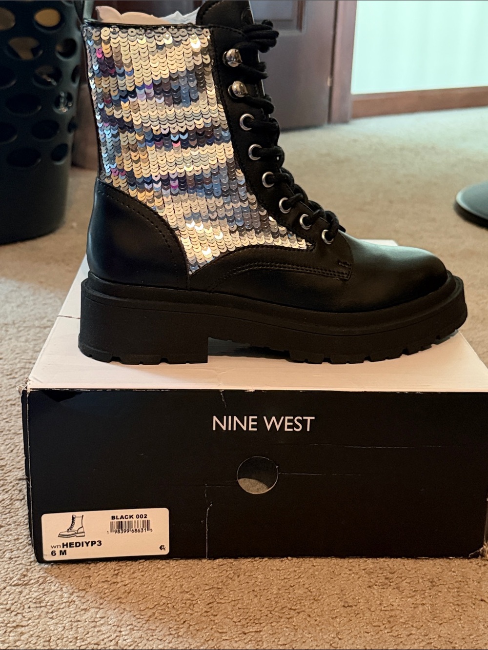 Nine West Black Lace-Up Combat Boots with Iridescent Silver Sequins